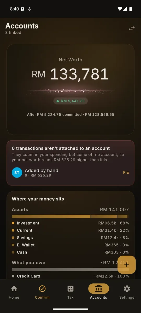 Glean's Accounts screen showing net worth and where the money sits