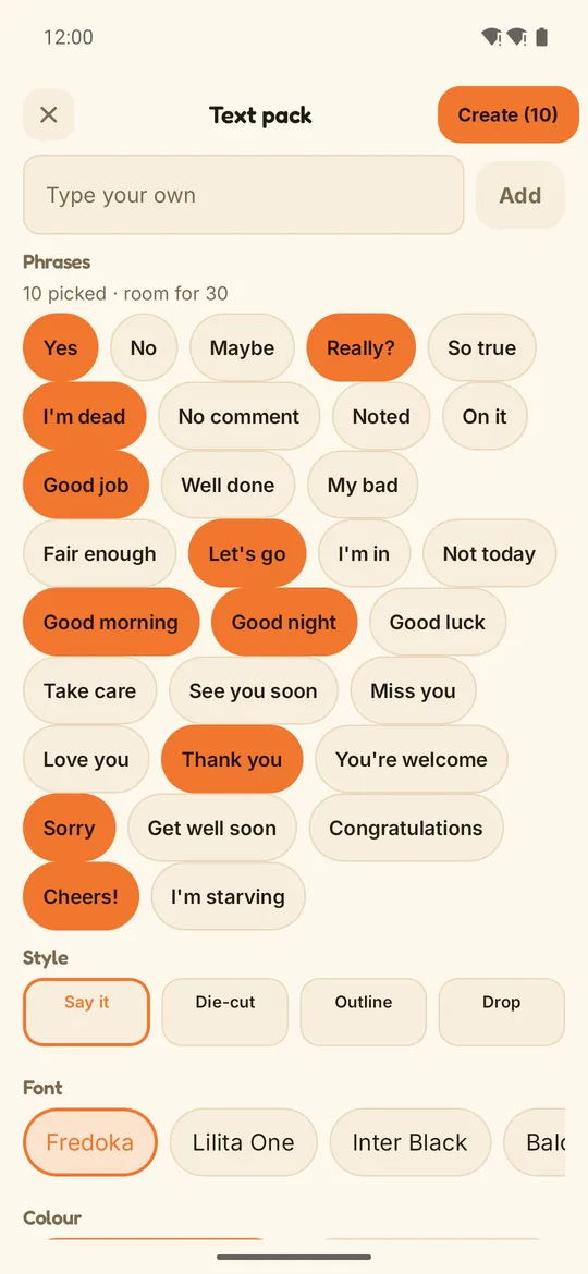 Peel's text pack screen with phrases picked as stickers